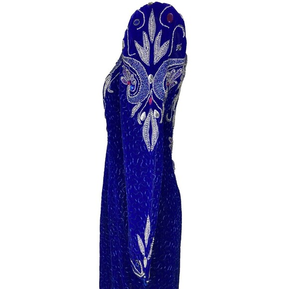 Vintage 1980s Cache Dress Women Size 6 Blue Silver Beaded Puff Sleeve Sequins - Picture 5 of 11